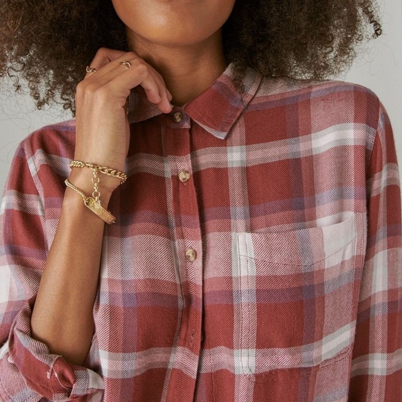 Lucky Brand Pink Cloud Plaid Boyfriend Button Up Flannel Shirt - Picture 5 of 6